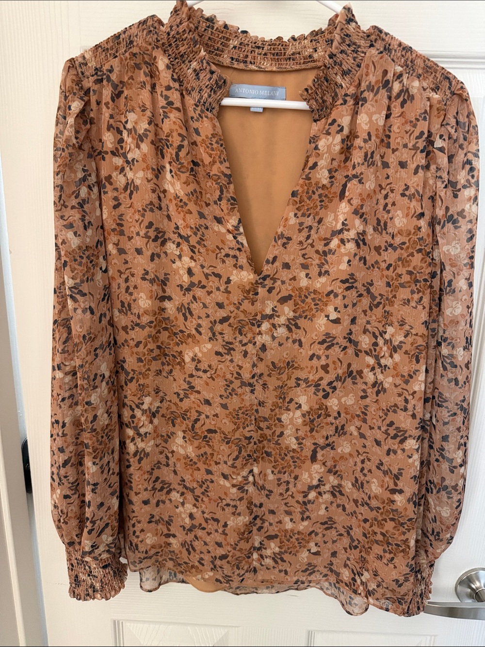 ANTONIO MELANI Rust Floral Smocked V-Neck Blouse